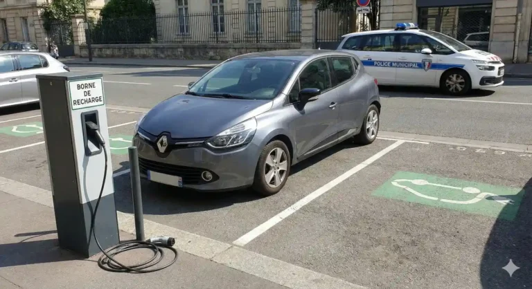 Une Renault Clio thermique grise est garée en travers sur deux places de recharge pour véhicules électriques, bloquant la borne, tandis qu'une voiture de police municipale passe en arrière-plan.