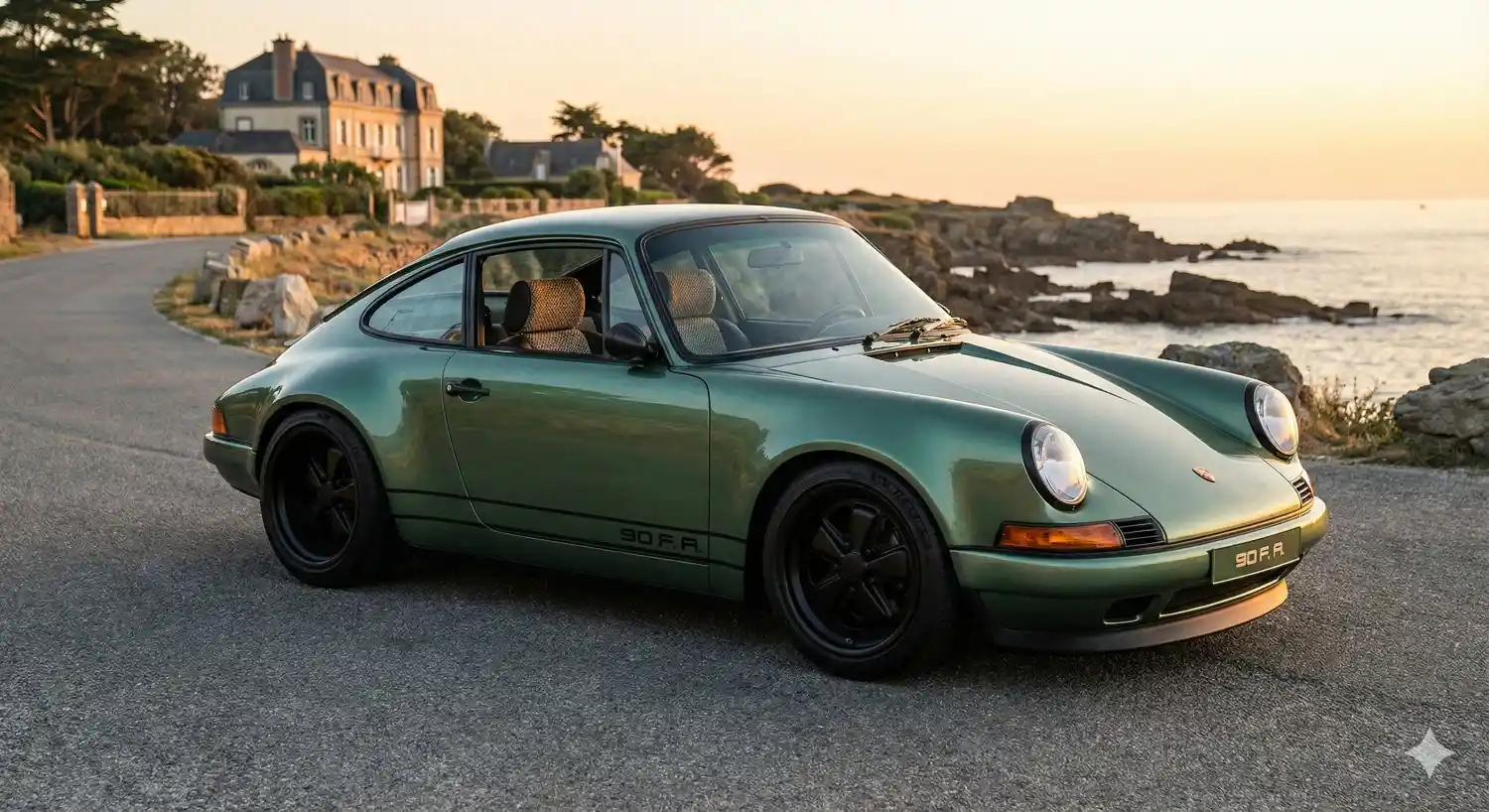 Vue trois quarts avant de la Porsche 911 édition spéciale '90 F. A. Porsche' en hommage à Butzi, couleur vert métallisé, stationnée sur une route côtière au coucher du soleil avec un manoir en arrière-plan.